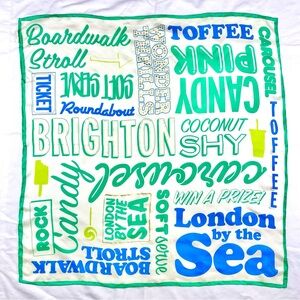 Kate Spade large square silk scarf amusement boardwalk text EUC